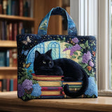 Handcrafted Quilted Bag – Black Cat on Books