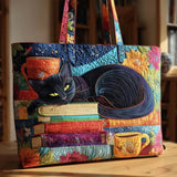 Handcrafted Quilted Bag – Black Cat with Books and Cups