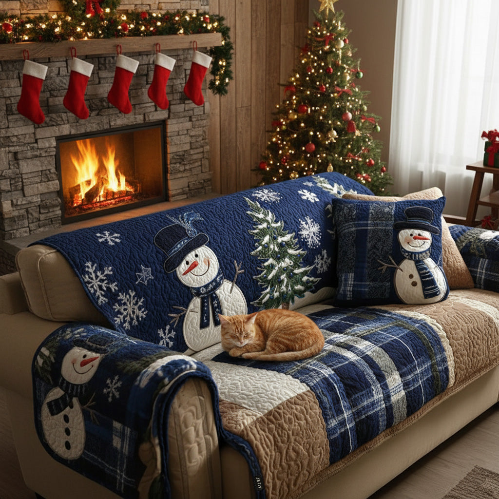 Quilted Sofa Cover – Festive in Blue – View 2