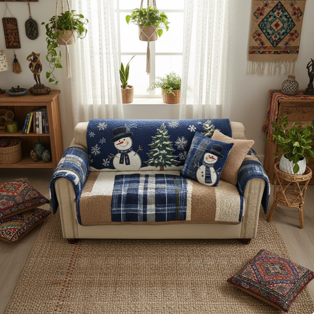Quilted Sofa Cover – Festive in Blue – View 3