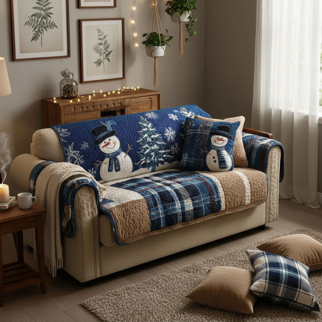 Quilted Sofa Cover – Festive in Blue – View 4