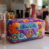 Quilted Cosmetic Bag with 70s-Style Flowers