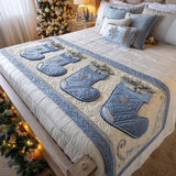 Quilted Bed Runner – Frosty Blue Christmas Stockings