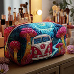 Quilted Cosmetic Bag with Minibus and Colourful Mushrooms