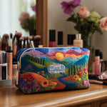 Quilted Cosmetic Bag with Retro Travel Pattern