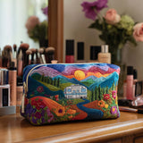 Quilted Cosmetic Bag with Retro Travel Pattern