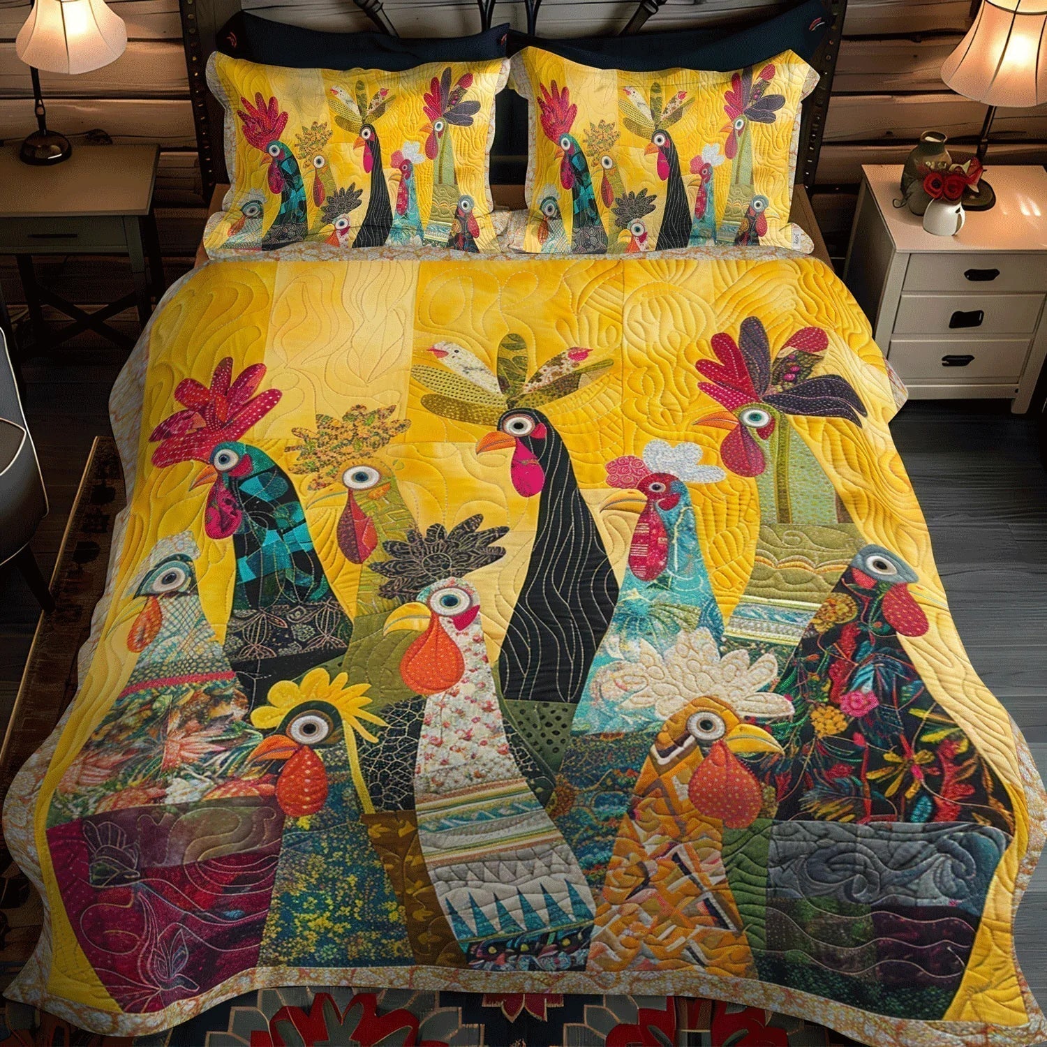 3-Piece Quilted Bedding Set – Roosters at Dawn – View 2
