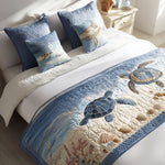 Quilted Bed Runner – Blue Sea Turtle in the Waves