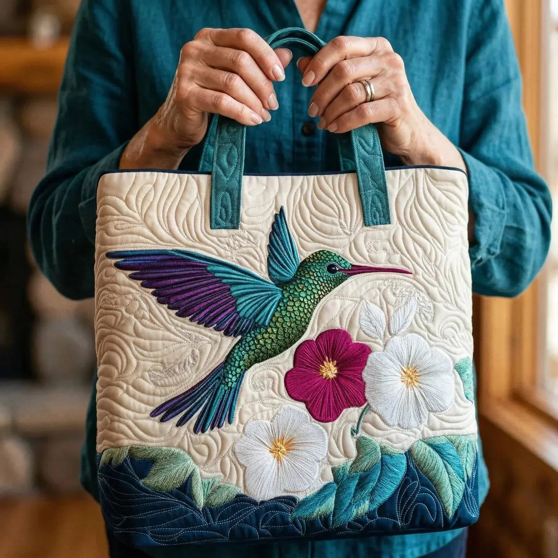 Handcrafted Quilted Bag – Hummingbird and White Blossom – View 2