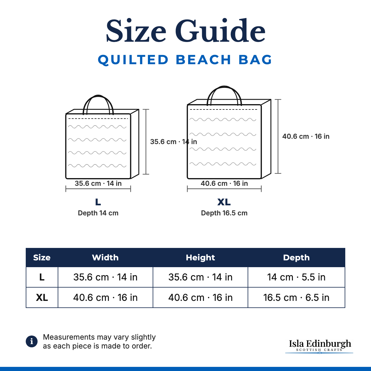 Quilted Beach Bag – Size Guide | Isla Edinburgh
