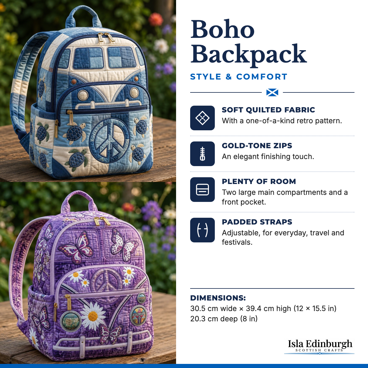 Quilted Boho Backpack – Features | Isla Edinburgh