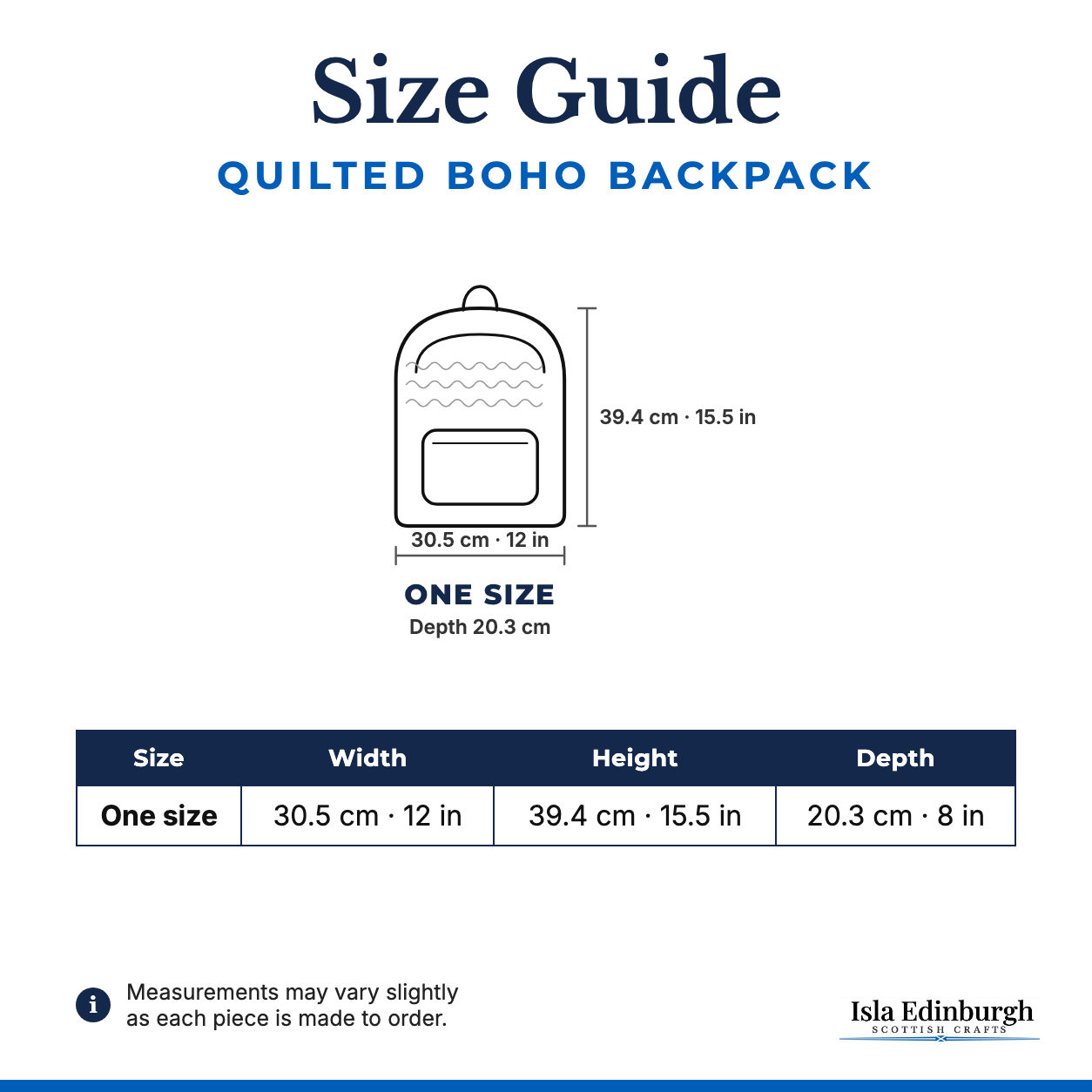 Quilted Boho Backpack – Size Guide | Isla Edinburgh