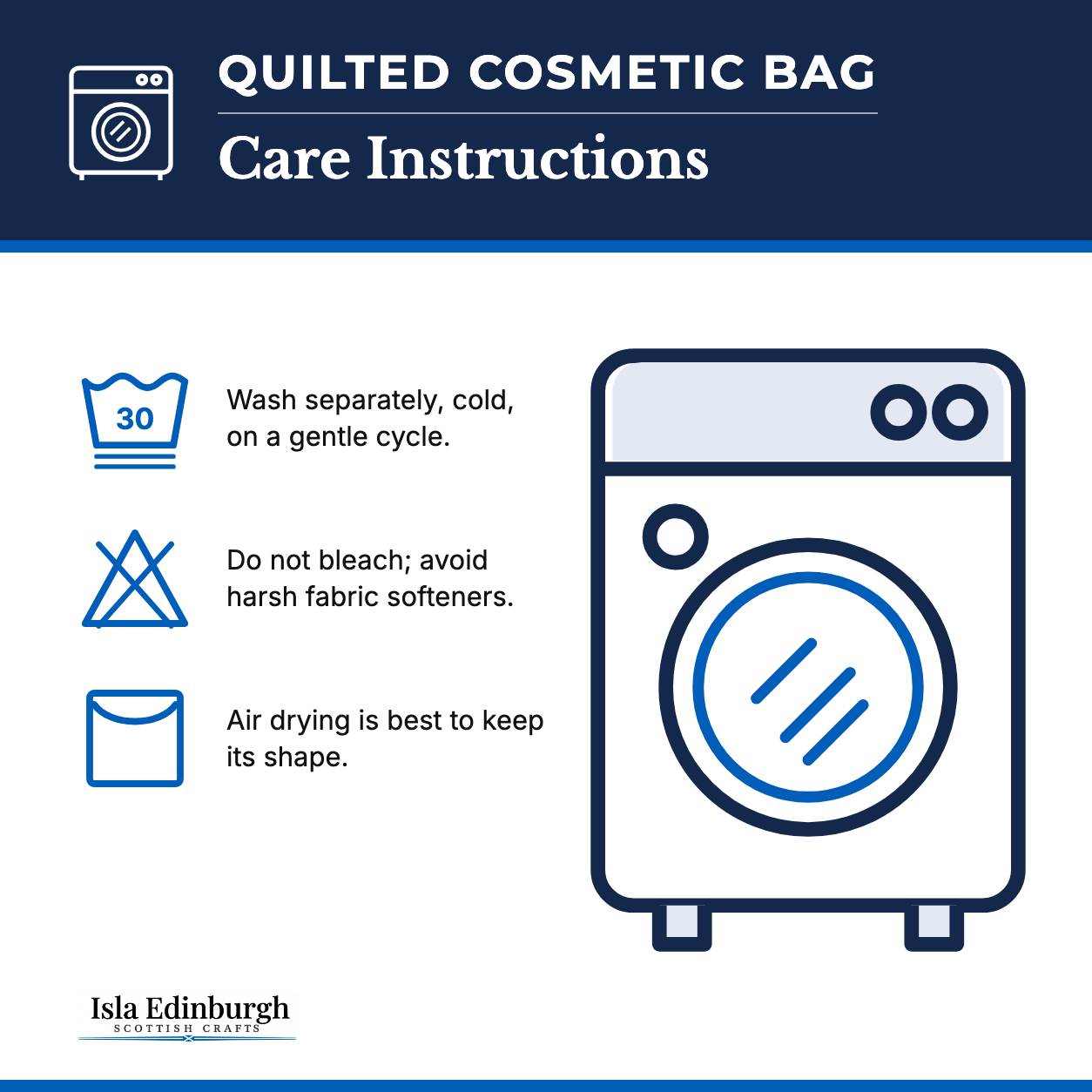Quilted Cosmetic Bag – Care Instructions | Isla Edinburgh