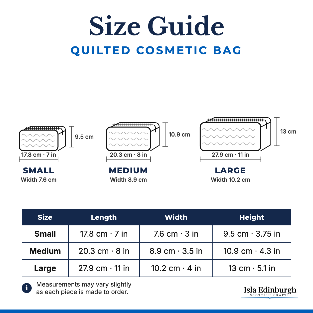 Quilted Cosmetic Bag – Size Guide | Isla Edinburgh