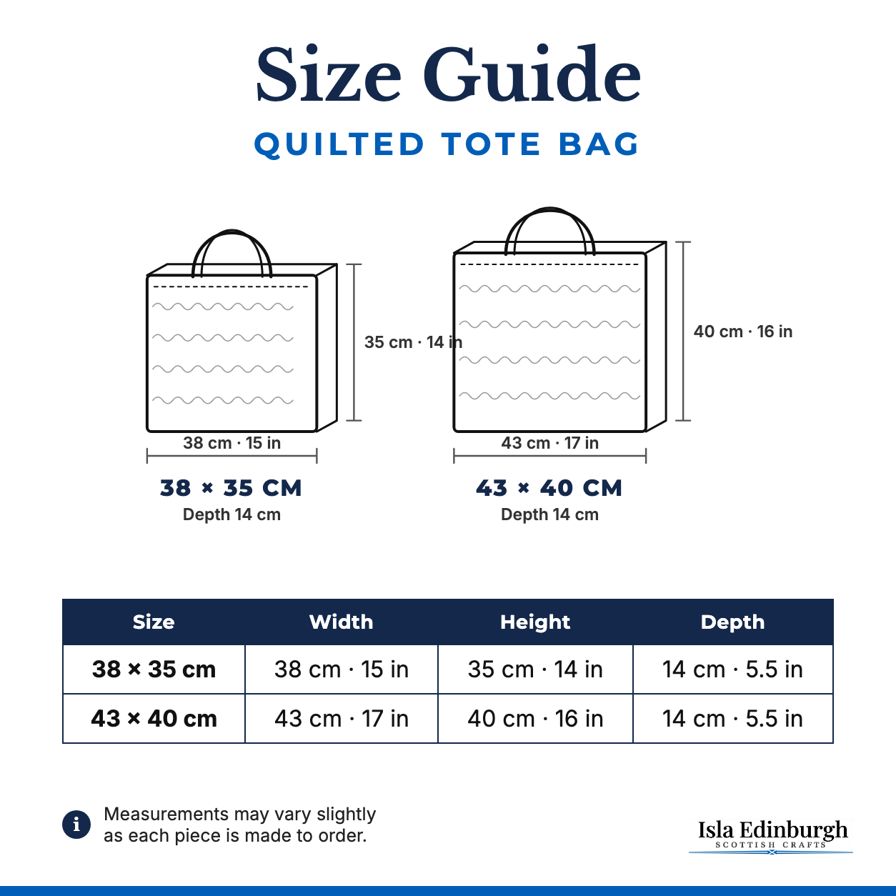 Quilted Tote Bag – Size Guide | Isla Edinburgh