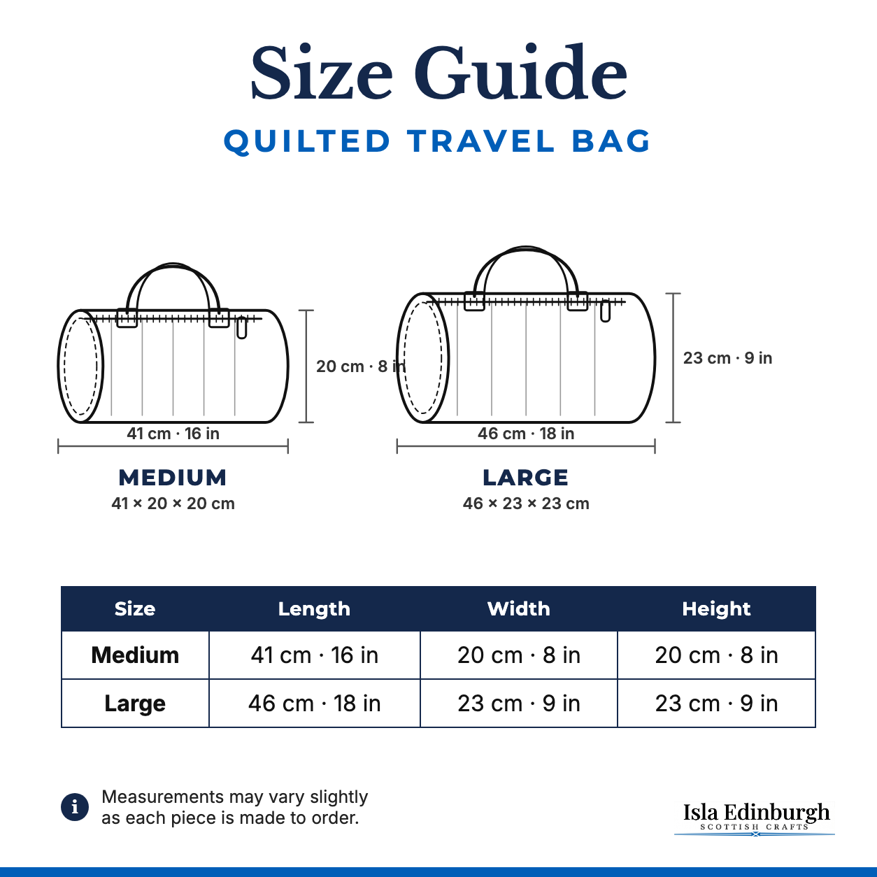Quilted Travel Bag – Size Guide | Isla Edinburgh