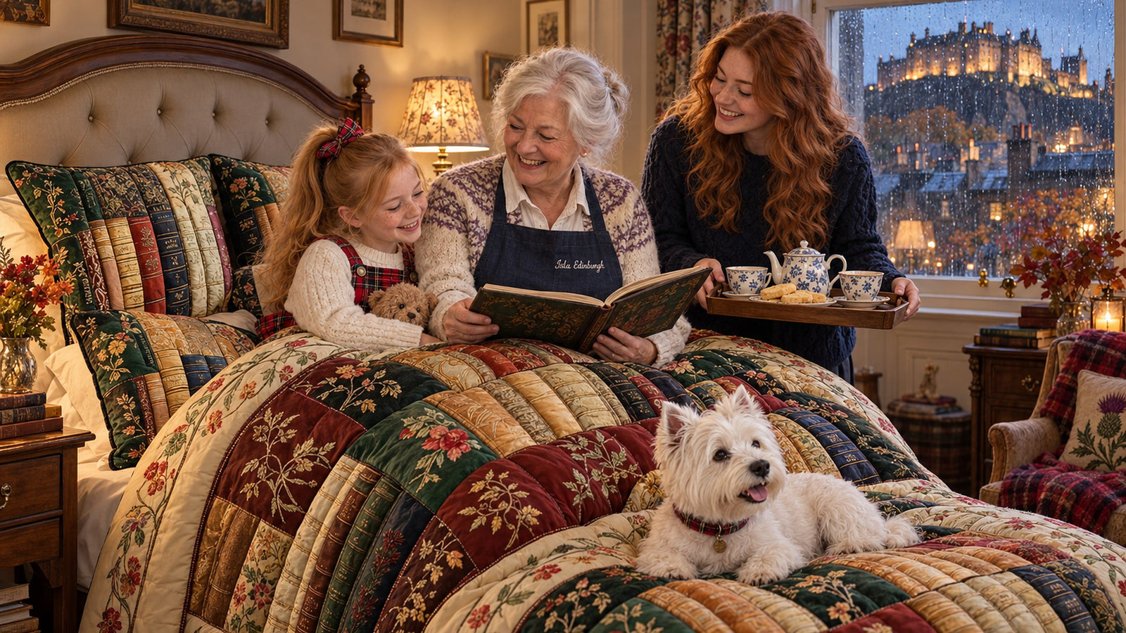 Quilted Bed Runner – Granny Isla with her granddaughters Freya and Millie